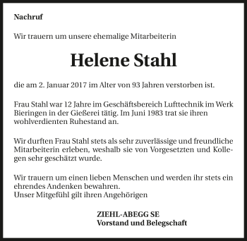 Traueranzeige von Helene Stahl 