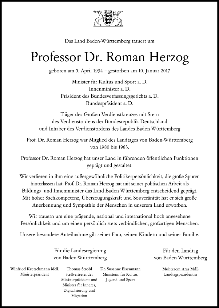  Traueranzeige für Roman Herzog vom 13.01.2017 aus 