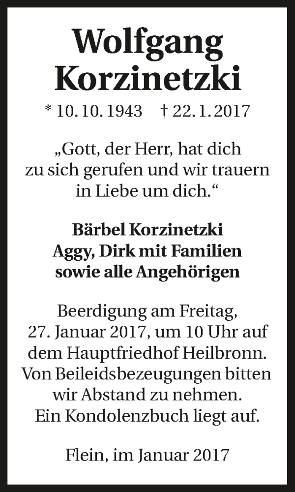  Traueranzeige für Wolfgang Korzinetzki vom 25.01.2017 aus 