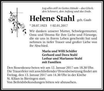 Traueranzeige von Helene Stahl 