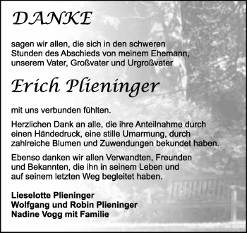Traueranzeige von Erich Plieninger 