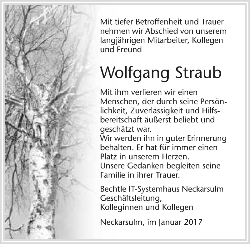  Traueranzeige für Wolfgang Straub vom 03.01.2017 aus 