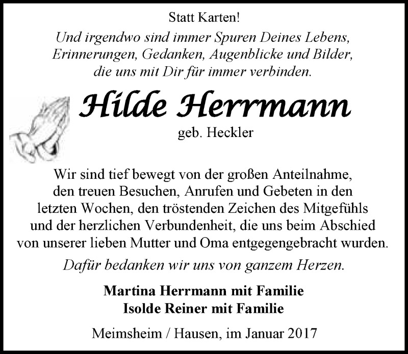 Traueranzeige für Hilde Herrmann vom 21.01.2017 aus 