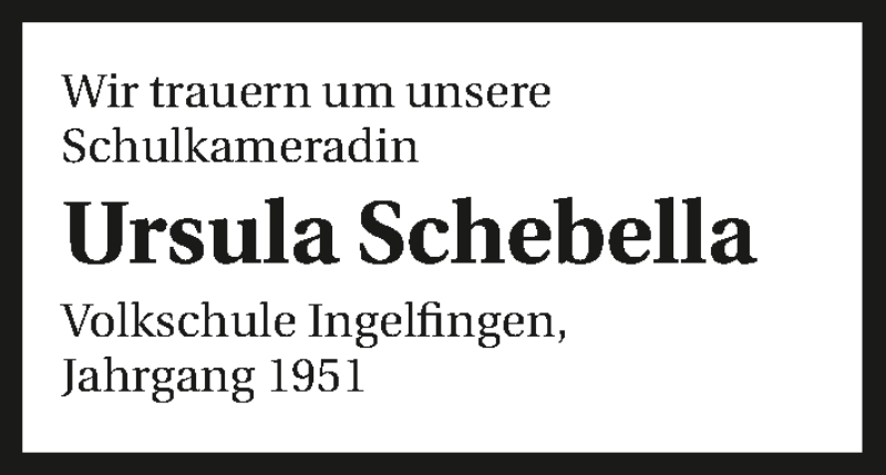  Traueranzeige für Ursula Schebella vom 12.01.2017 aus 