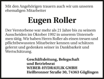 Traueranzeige von Eugen Roller 