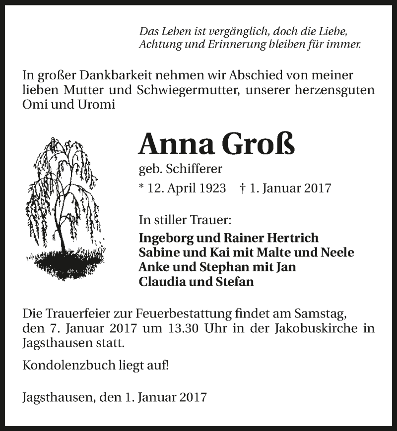  Traueranzeige für Anna Groß vom 04.01.2017 aus 