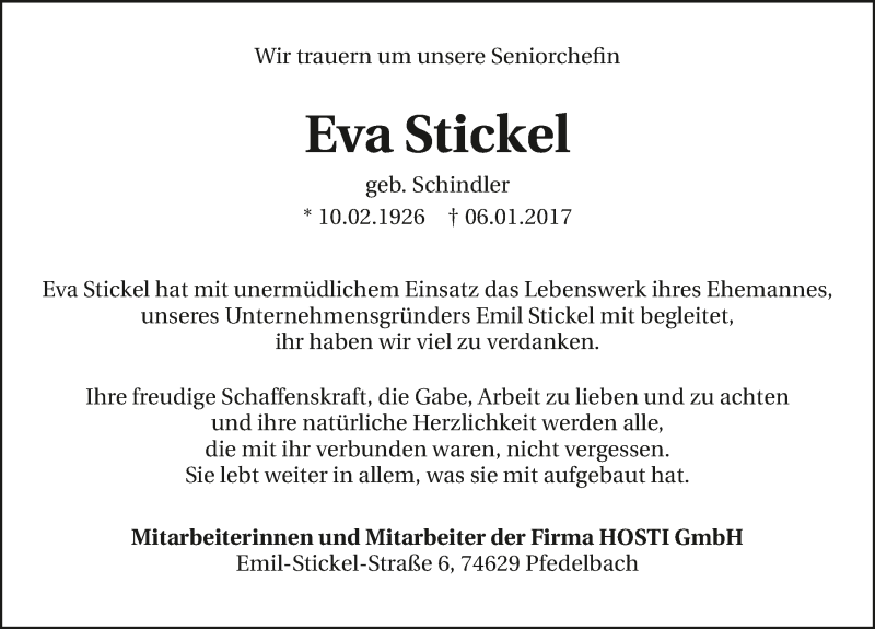  Traueranzeige für Eva Stickel vom 11.01.2017 aus 