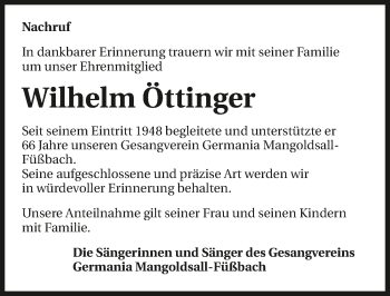 Traueranzeige von Wilhelm Öttinger 