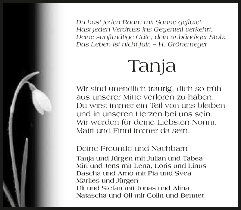  Traueranzeige für Tanja Schmalzbauer vom 12.01.2017 aus 