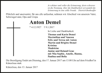 Traueranzeige von Anton Demel 