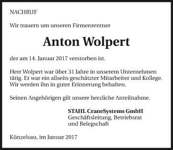 Traueranzeige von Anton Wolpert 