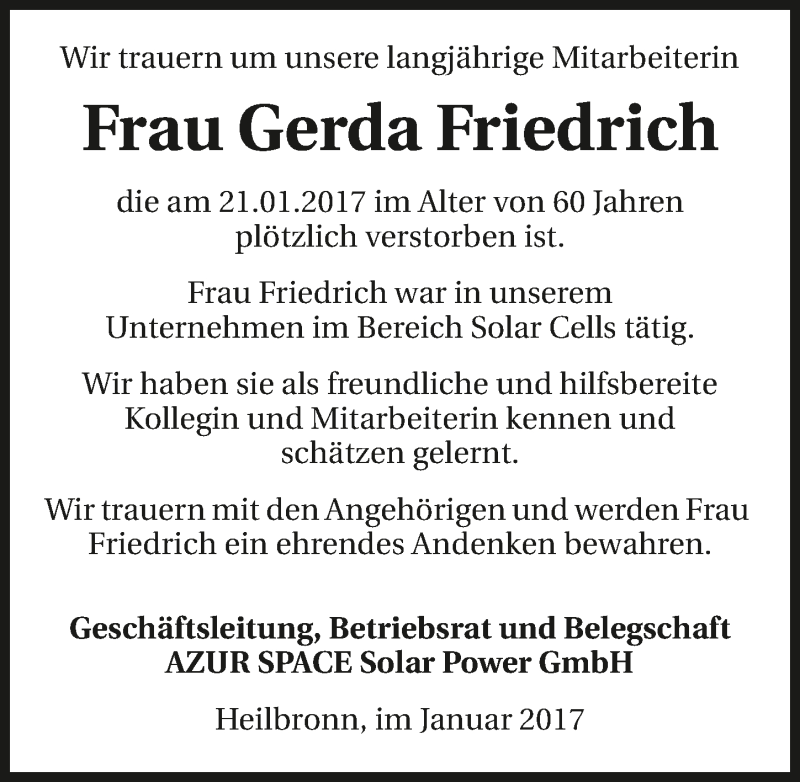  Traueranzeige für Gerda Friedrich vom 25.01.2017 aus 