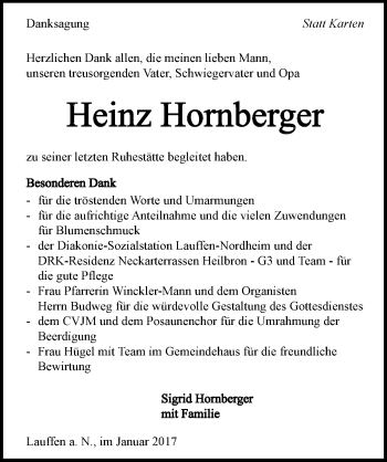 Traueranzeige von Heinz Hornberger 
