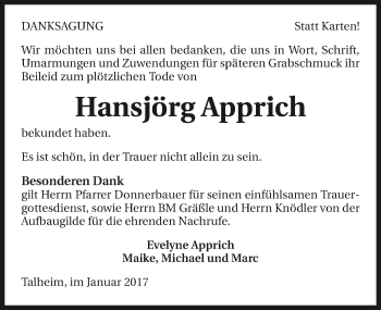 Traueranzeige von Hansjörg Apprich 