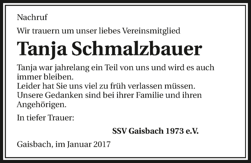  Traueranzeige für Tanja Schmalzbauer vom 13.01.2017 aus 