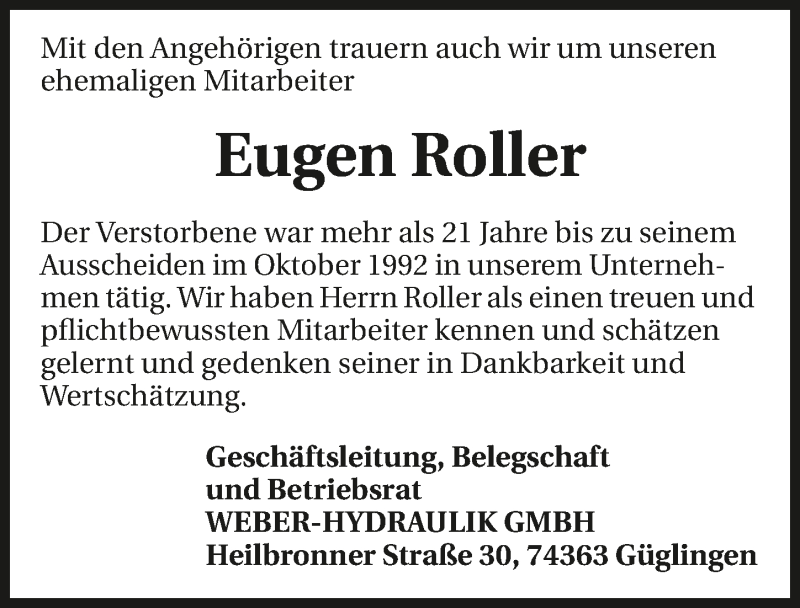  Traueranzeige für Eugen Roller vom 24.01.2017 aus 