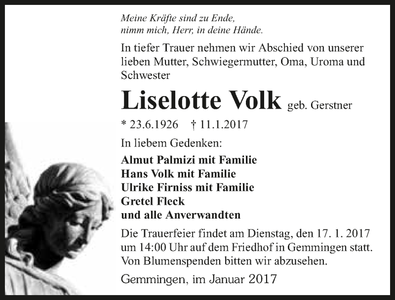  Traueranzeige für Liselotte Volk vom 14.01.2017 aus 