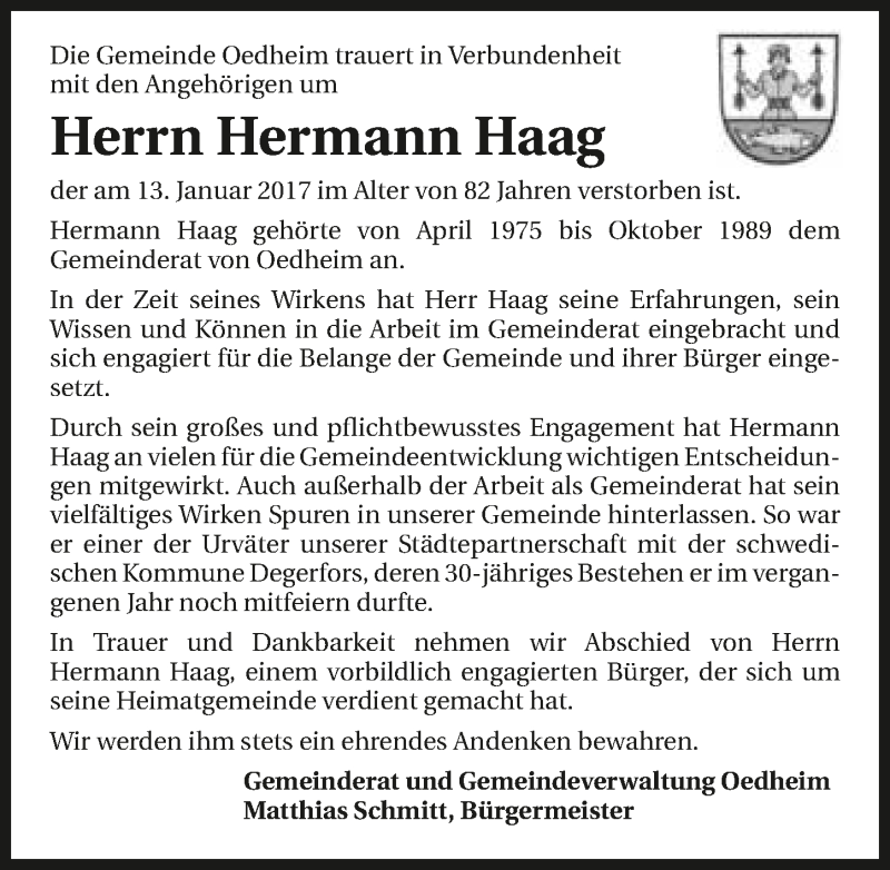  Traueranzeige für Hermann Haag vom 18.01.2017 aus 