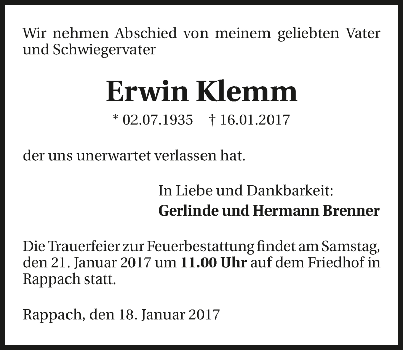  Traueranzeige für Erwin Klemm vom 18.01.2017 aus 
