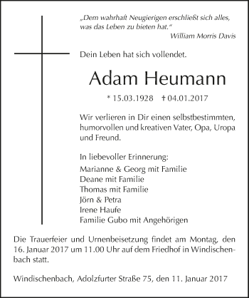 Traueranzeige von Adam Heumann 