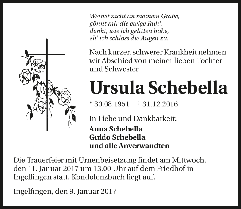  Traueranzeige für Ursula Schebella vom 09.01.2017 aus 