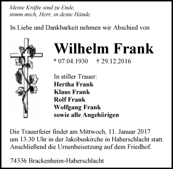Traueranzeige von Wilhelm Frank 