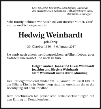 Traueranzeige von Hedwig Weinhardt 
