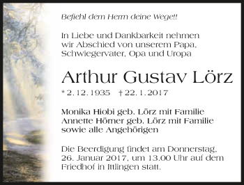 Traueranzeige von Arthur Lörz 