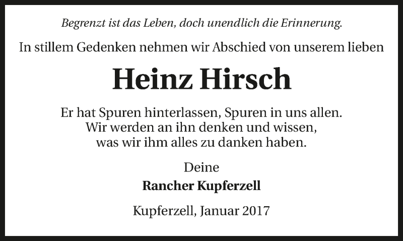  Traueranzeige für Heinz Hirsch vom 11.01.2017 aus 