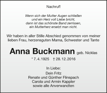 Traueranzeige von Anna Buckmann 