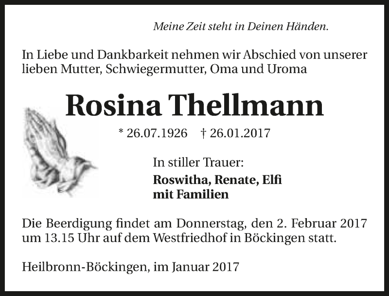  Traueranzeige für Rosina Thellmann vom 31.01.2017 aus 