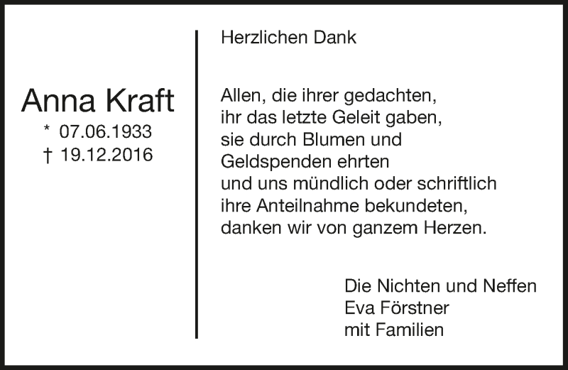  Traueranzeige für Anna Kraft vom 09.01.2017 aus 