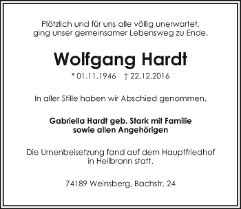 Traueranzeige von Wolfgang Hardt 