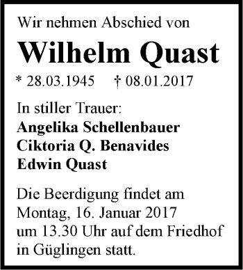Traueranzeige von Wilhelm Quast 