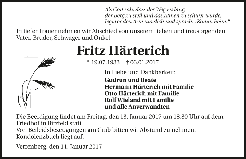  Traueranzeige für Fritz Härterich vom 11.01.2017 aus 