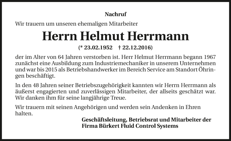  Traueranzeige für Helmut Herrmann vom 04.01.2017 aus 