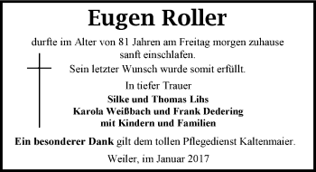 Traueranzeige von Eugen Roller 