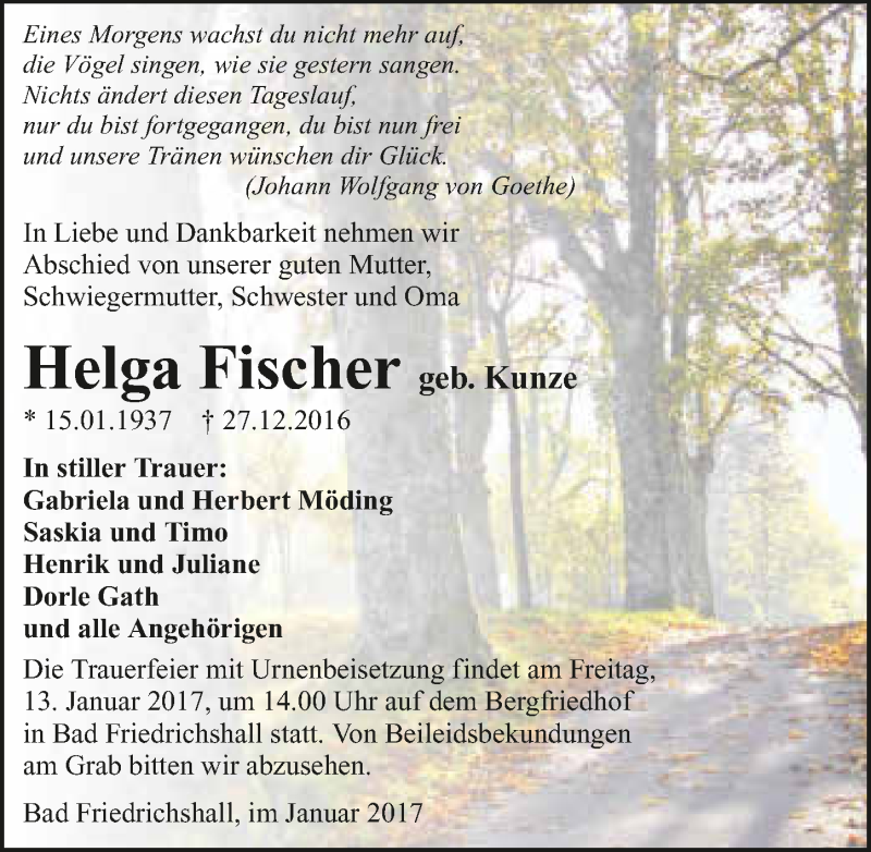  Traueranzeige für Helga Fischer vom 11.01.2017 aus 