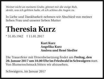 Traueranzeige von Theresia Kurz 