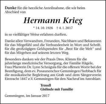 Traueranzeige von Hermann Krieg 