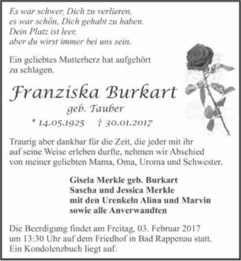  Traueranzeige für Franziska Burkart vom 01.02.2017 aus 
