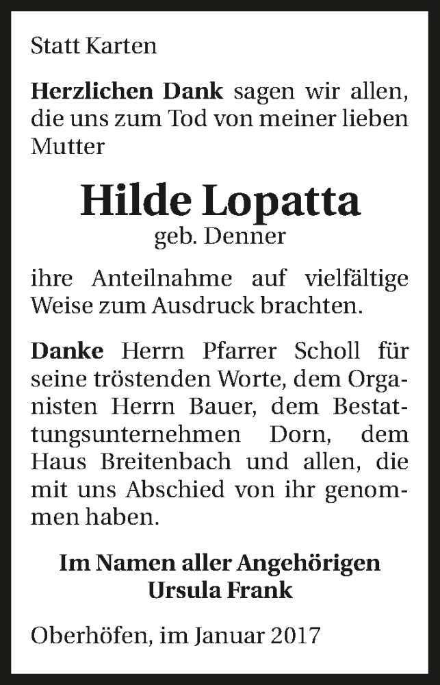  Traueranzeige für Hilde Lopatta vom 24.01.2017 aus 