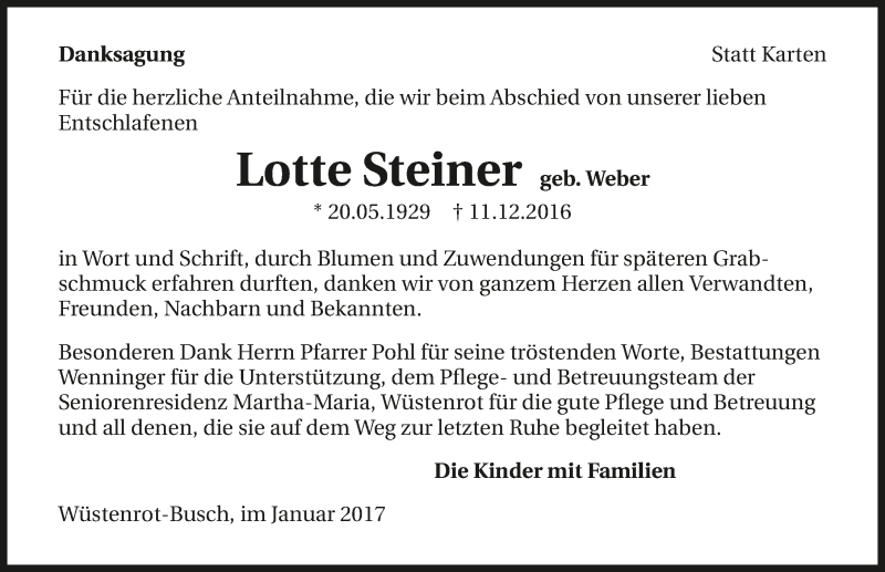  Traueranzeige für Lotte Steiner vom 11.01.2017 aus 