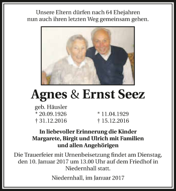 Traueranzeige von Agnes & Ernst Seez 