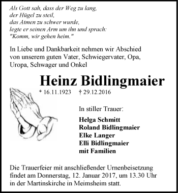 Traueranzeige von Heinz Bidlingmaier 
