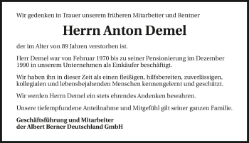 Traueranzeige von Anton Demel 