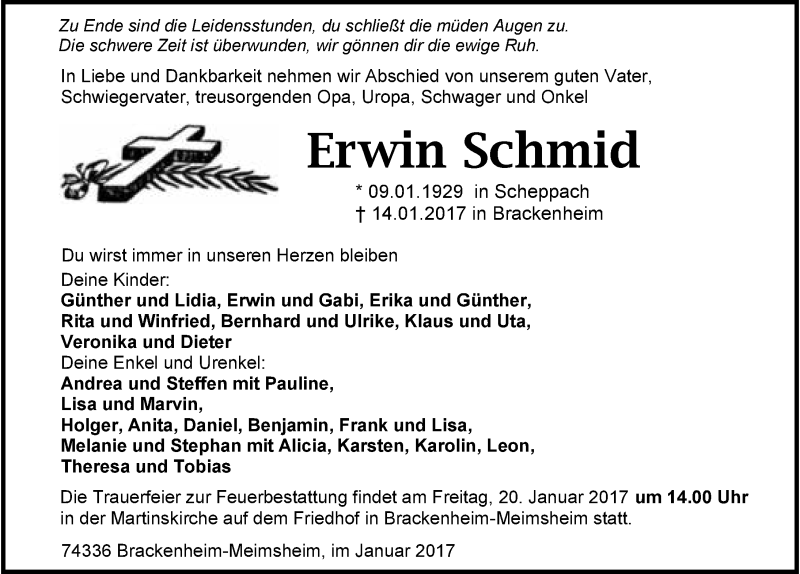  Traueranzeige für Erwin Schmid vom 17.01.2017 aus 
