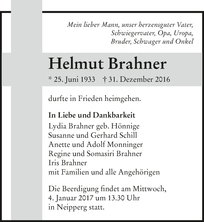  Traueranzeige für Helmut Brahner vom 02.01.2017 aus 