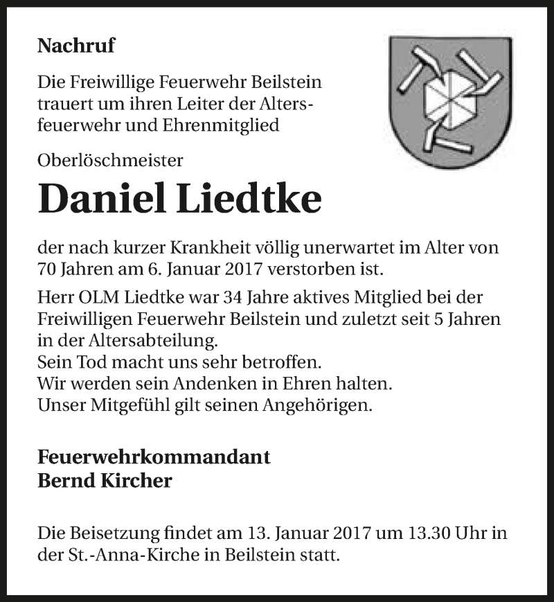  Traueranzeige für Daniel Liedtke vom 11.01.2017 aus 