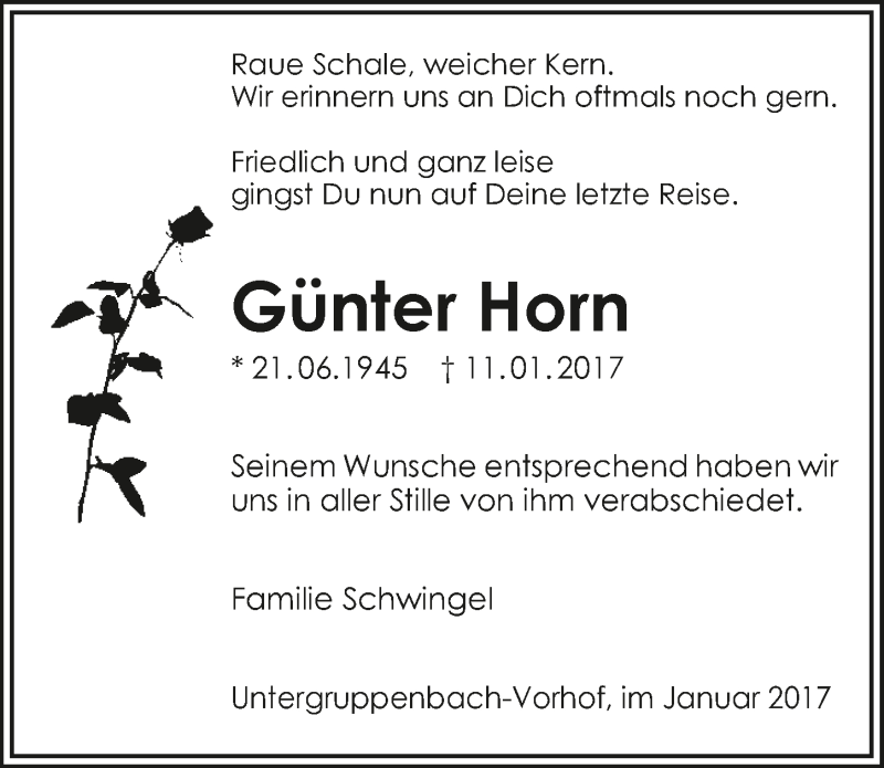  Traueranzeige für Günter Horn vom 25.01.2017 aus 